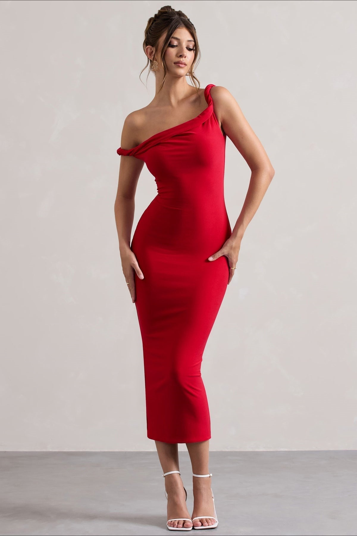 One Shoulder Twist Strap Bodycon Midi Party Dress