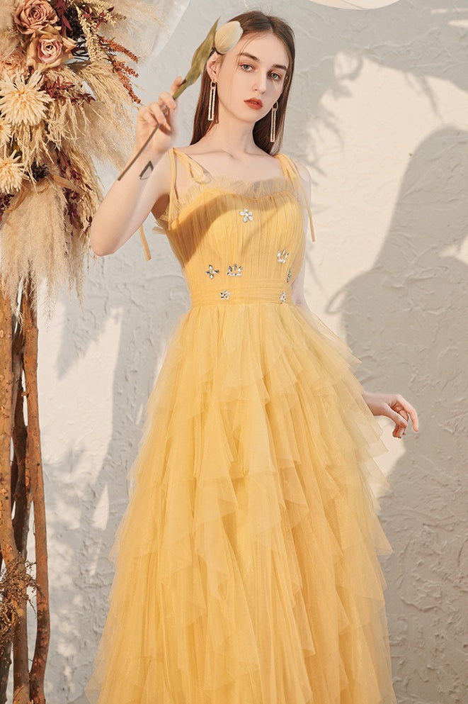 Tulle Spaghetti Strap Square Neck Tiered Ruffle Maxi Prom Dress - View 2
