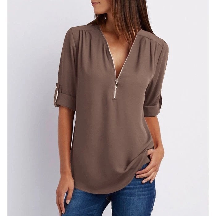 V-Neck Zip Front Roll Tab Sleeve Chiffon Blouse 4