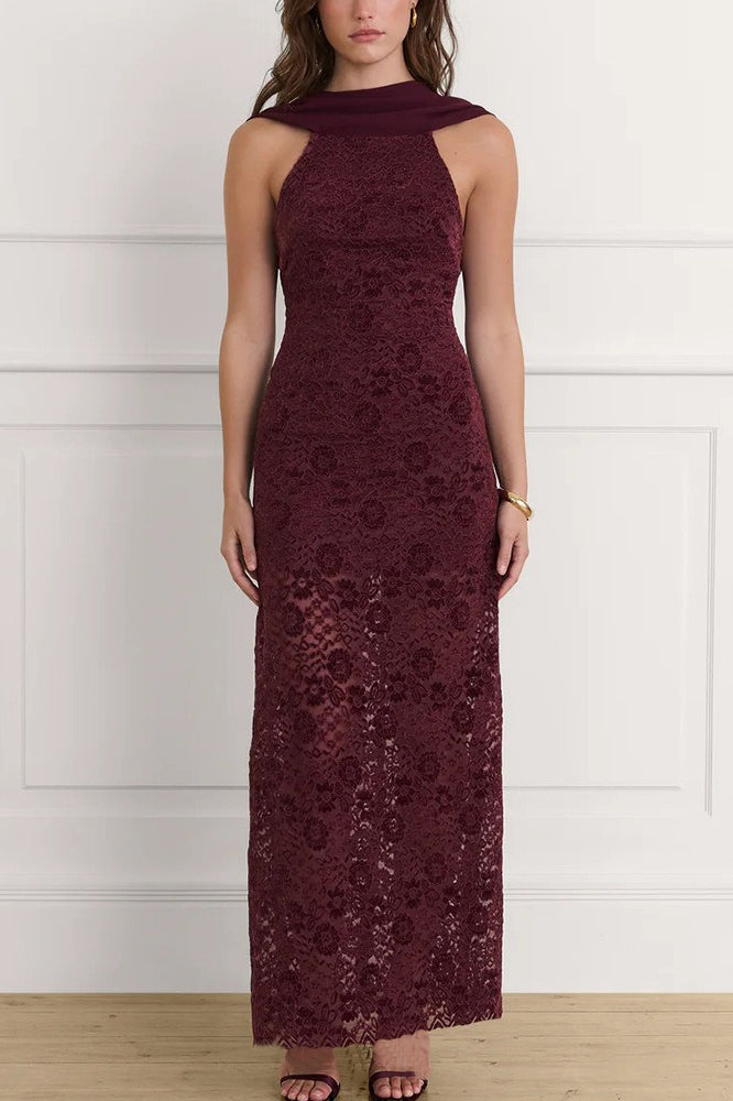 Lace Halter Neck Backless Bodycon Mermaid Gown - View 4