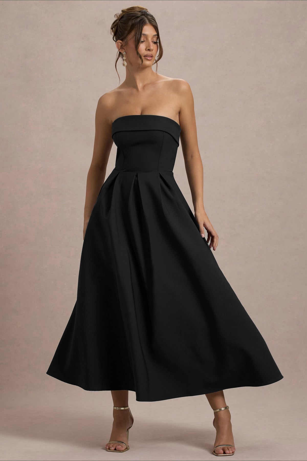 Strapless Fold Over Neck Box Pleat A-Line Midi Cocktail Dress - View 23
