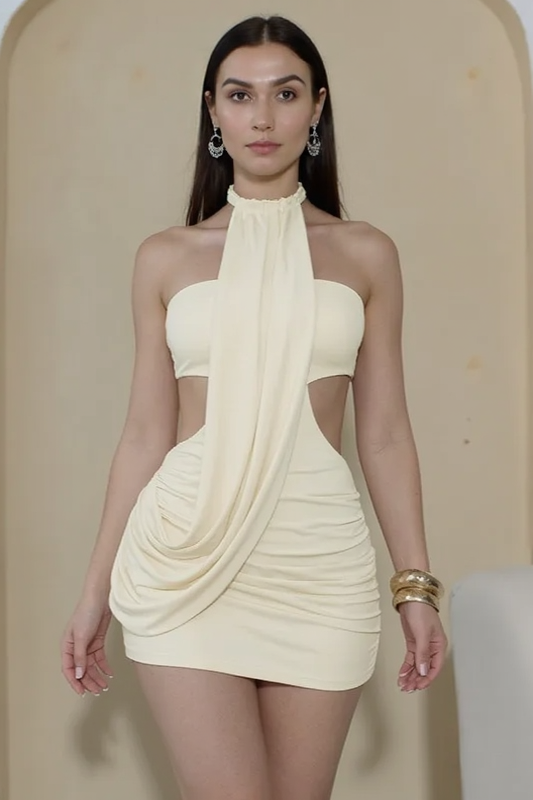 Backless Halter-Neck Ruched Mini Dress