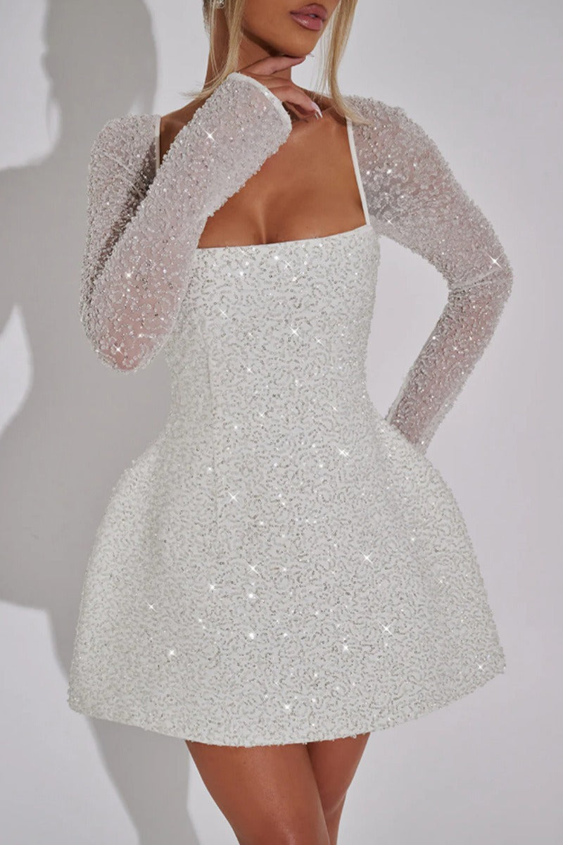 Sequin Long Sleeve Backless A-Line Midi Dress - View 2