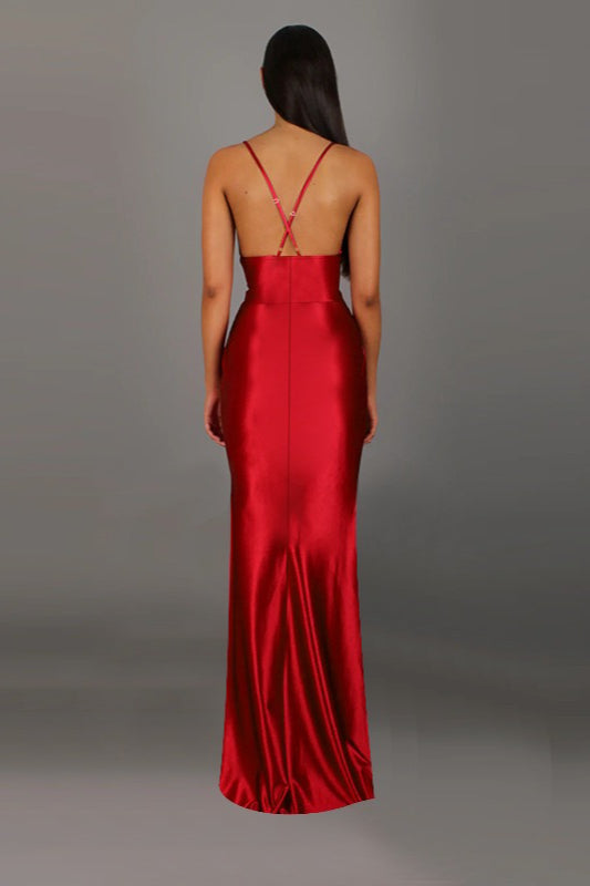 Satin V-Neck Slit Party Dress - View 8