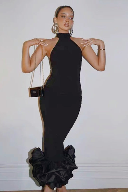 Halter Neck Backless Ruffle Mermaid Maxi Dress - View 3