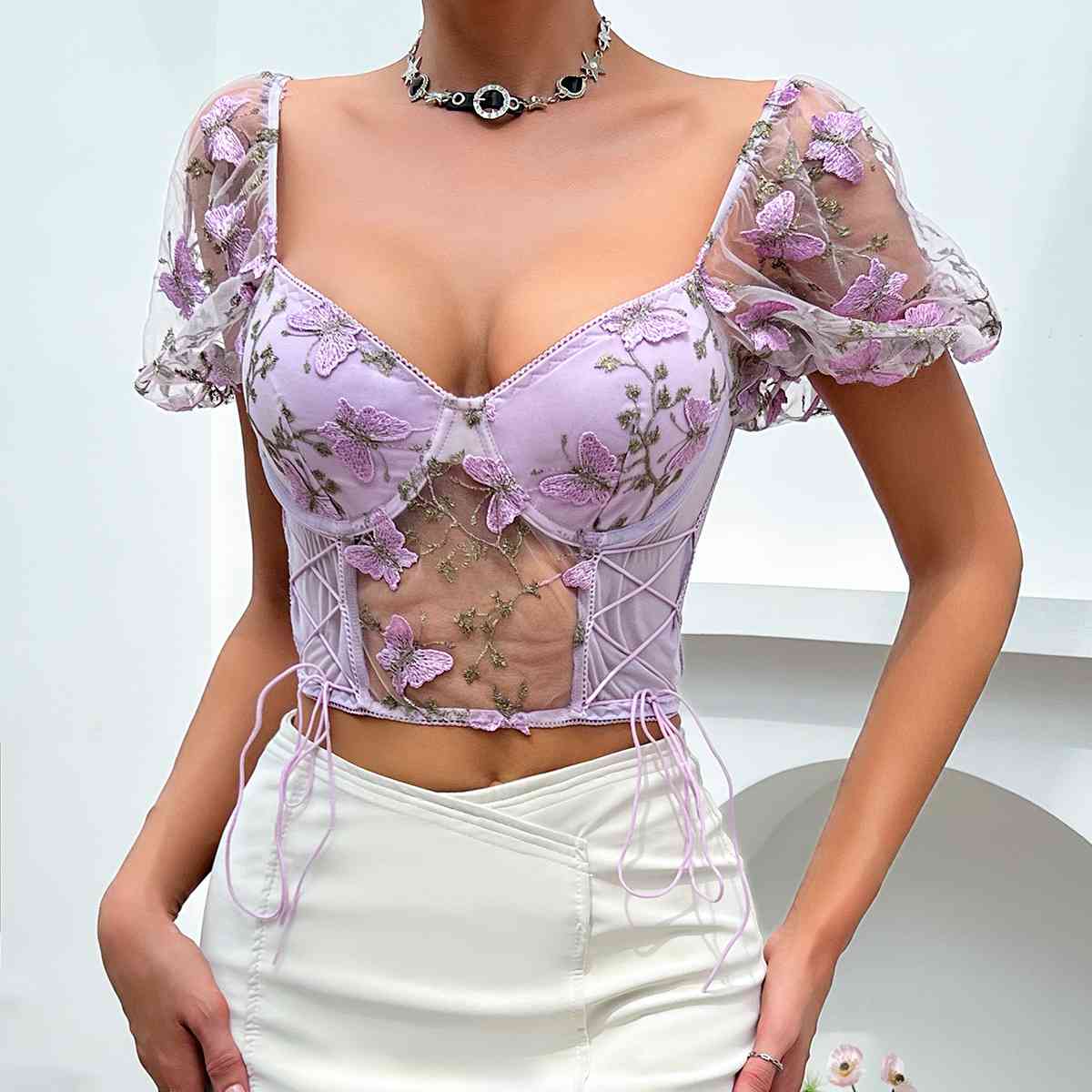 Butterfly Whispers Embroidery Charming Mesh Corset Top Lavender / S
