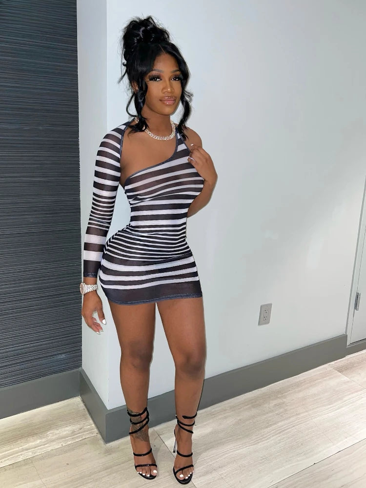 Striped Mesh Skew Collar Mini Party Dress