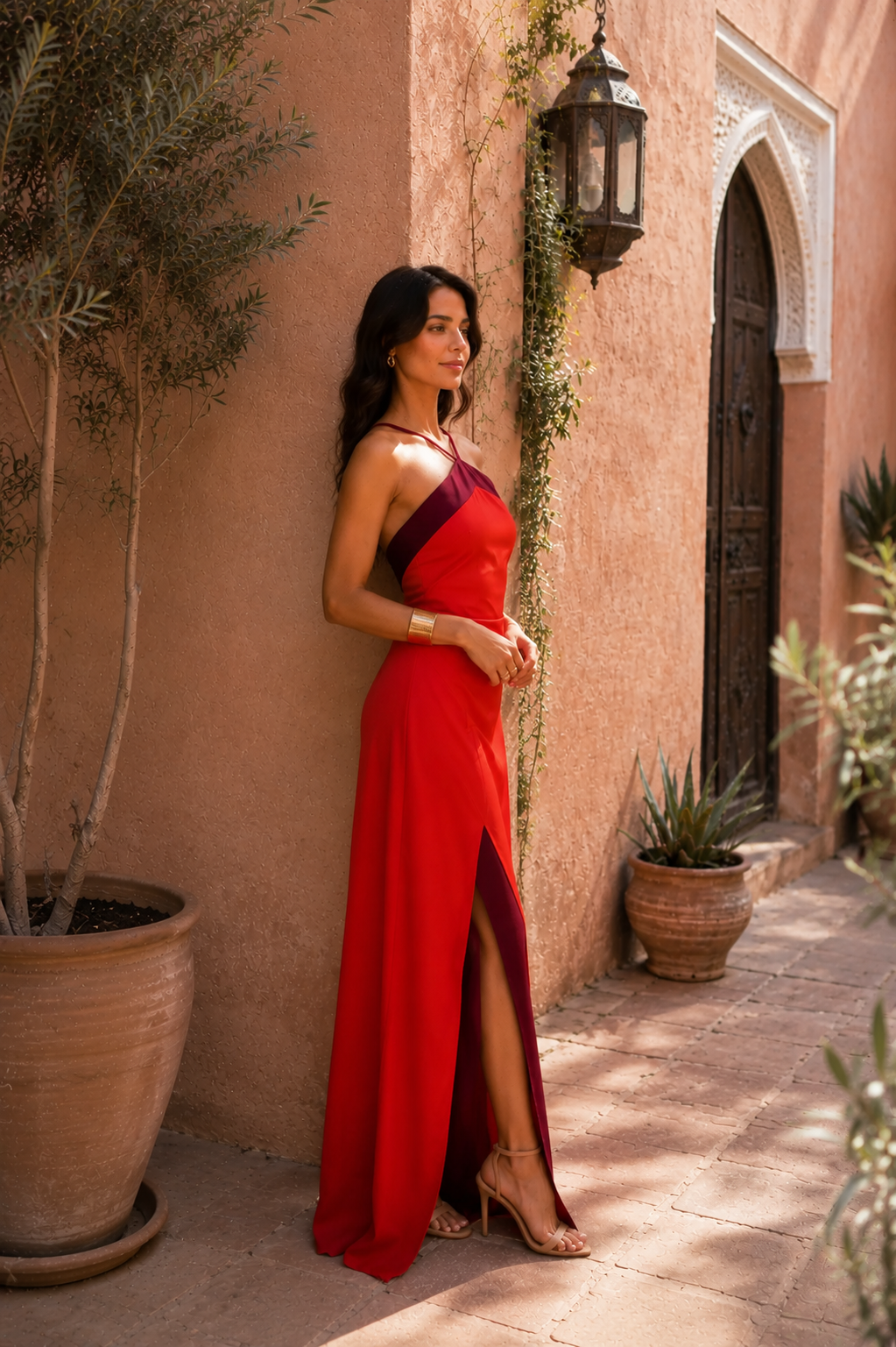 Halter Neck High Split Contrast Trim Maxi Dress 4