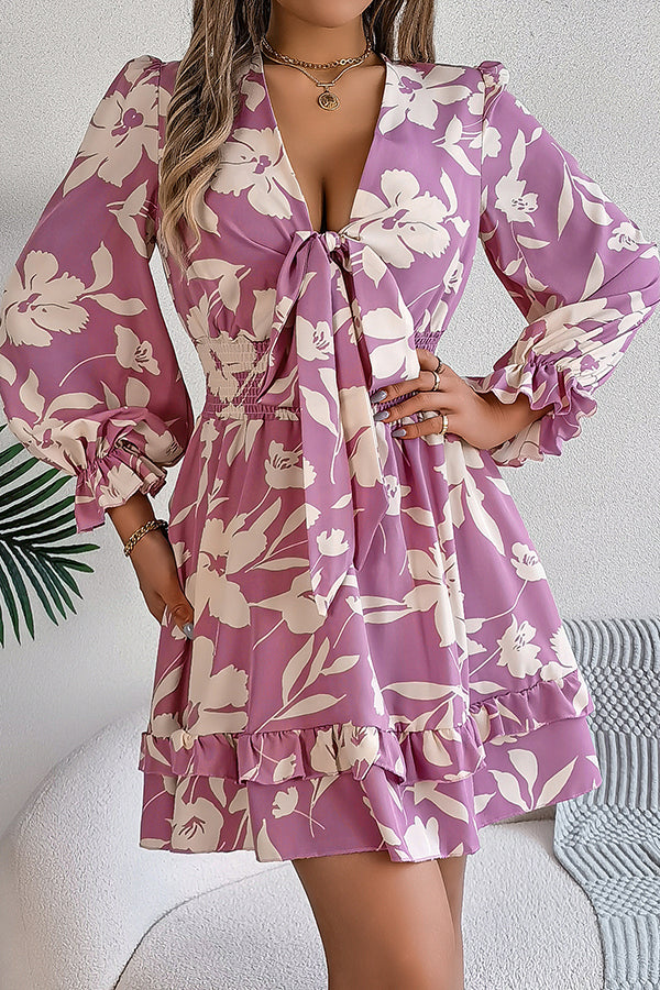 Floral Print V-Neck Tie Front Long Sleeve Ruffle Hem Mini Dress - View 5