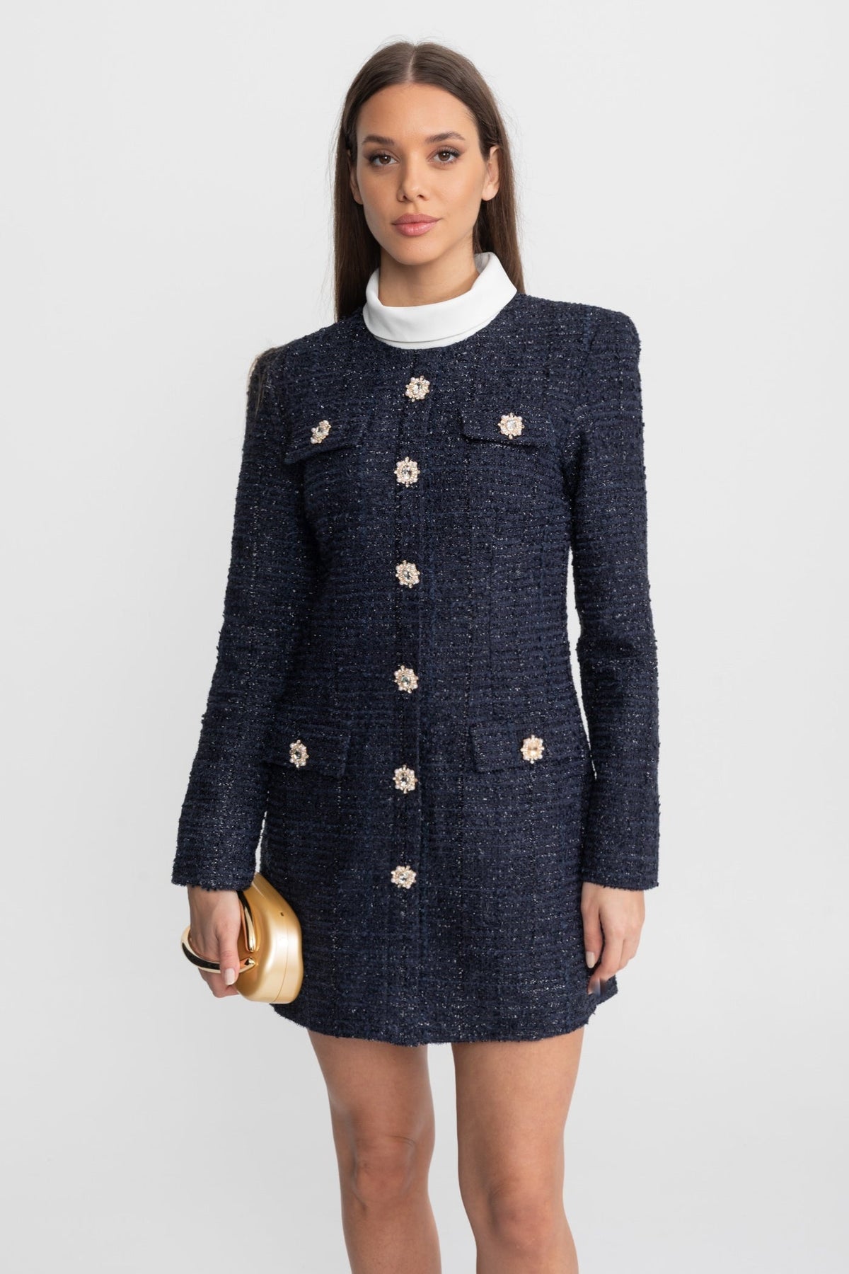 Tweed Long Sleeve Rhinestone Flower Button Flap Shift Mini Dress - View 4