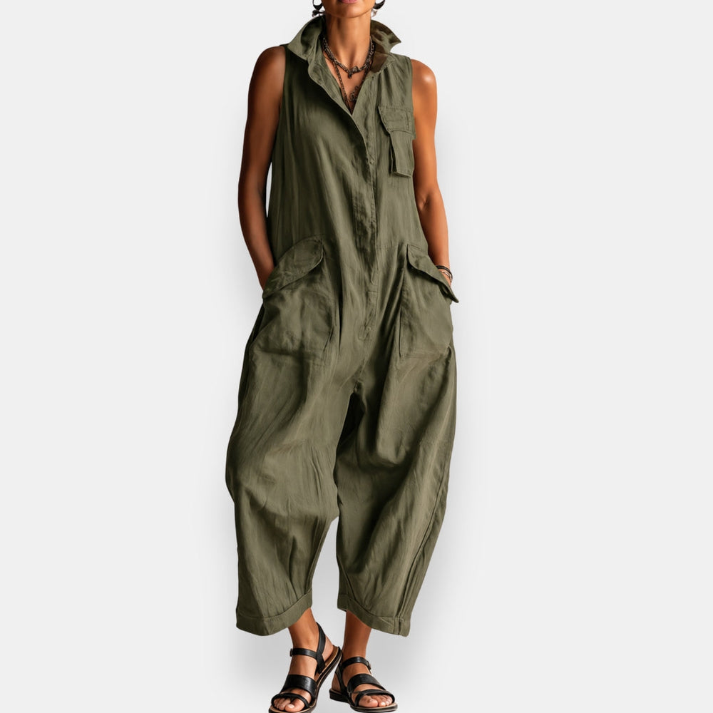 Sleeveless Collared Cargo Pocket Wide Leg Jumpsuit 2