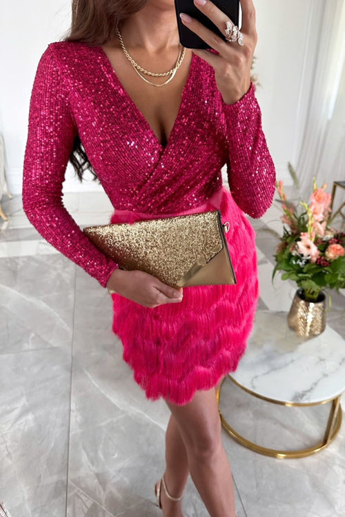 Sequin Deep V-Neck Long Sleeve Feather Fringe Mini Dress - View 3