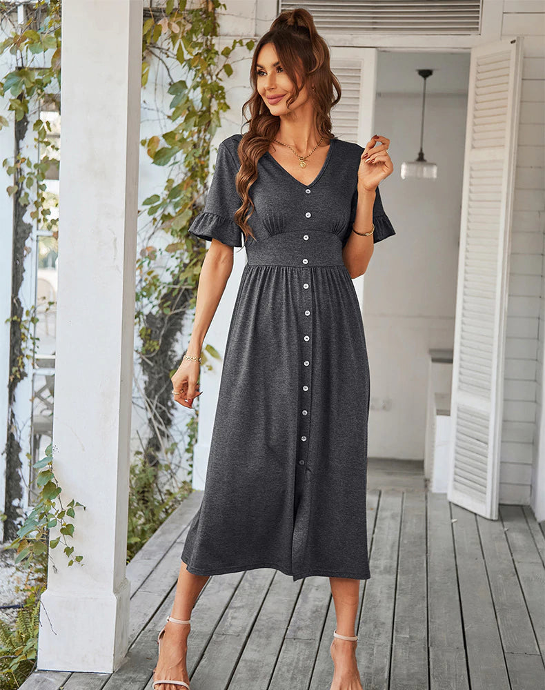 V-Neck Ruffle Sleeve Button Front A-Line Midi Dress 2