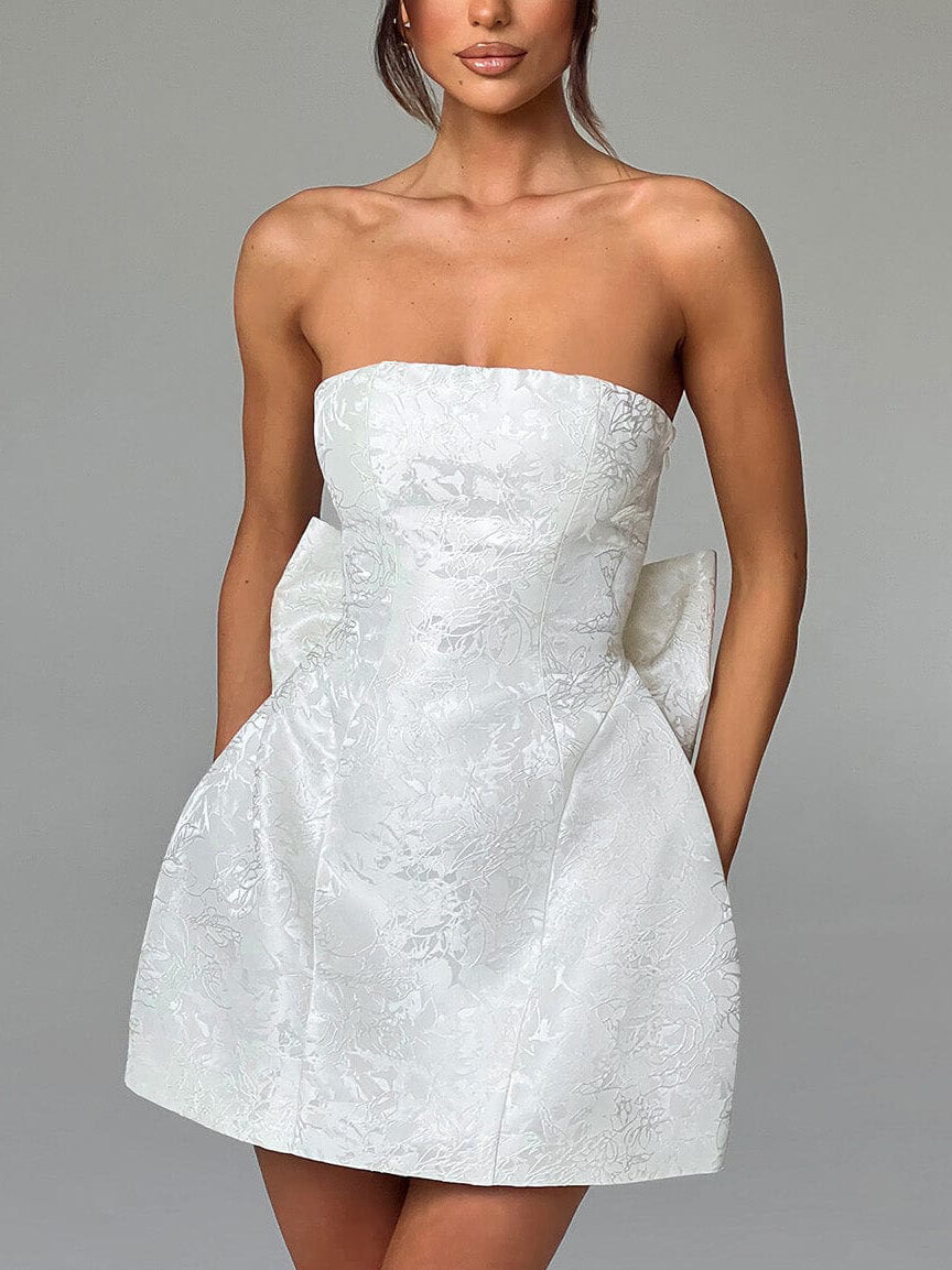 Jacquard Floral Strapless Back Bow Structured A-Line Mini Dress - View 2