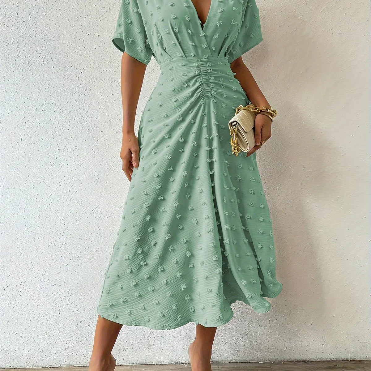 Swiss Dot Flutter Sleeve Pleated Back A-Line Midi Dress - View 8