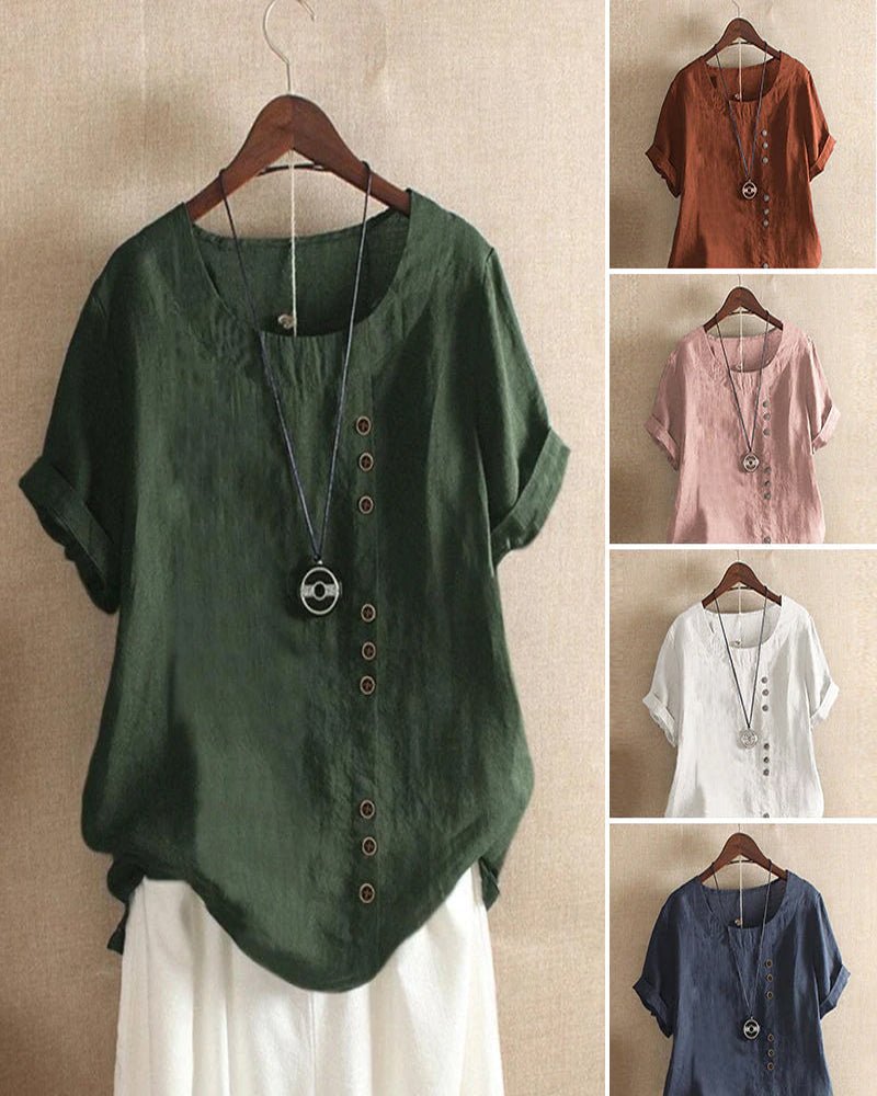Button Front Round Neck Short Sleeve Blouse 7