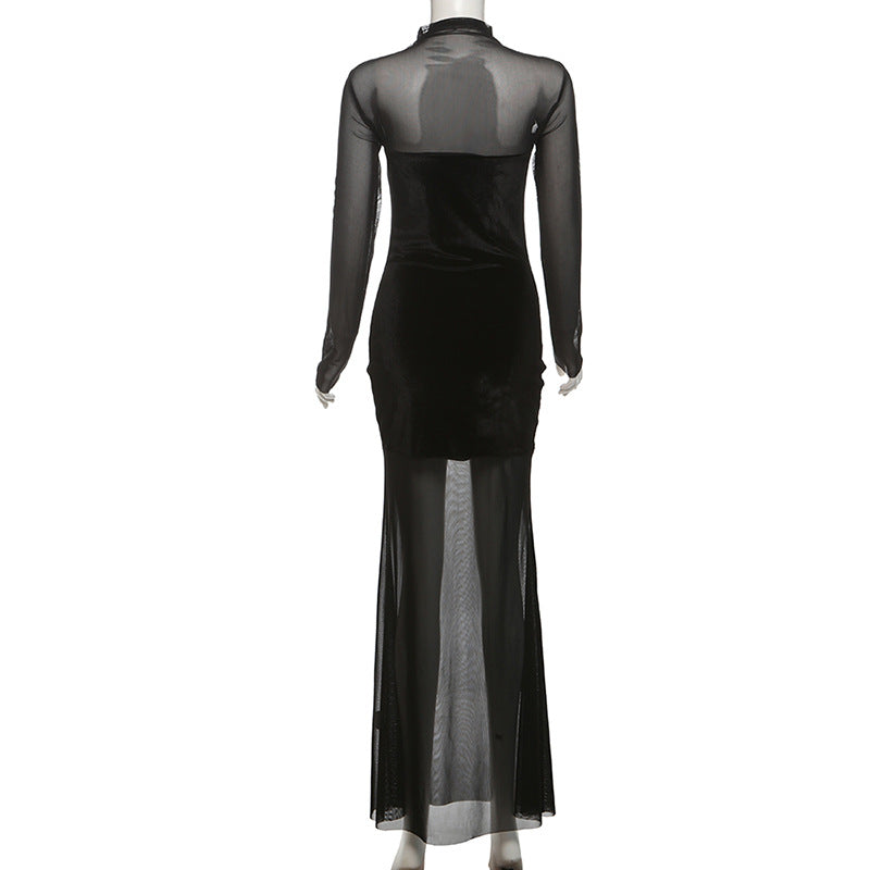 Velvet Crush Mesh Panel Mock Neck Long Sleeve Maxi Gown - View 7