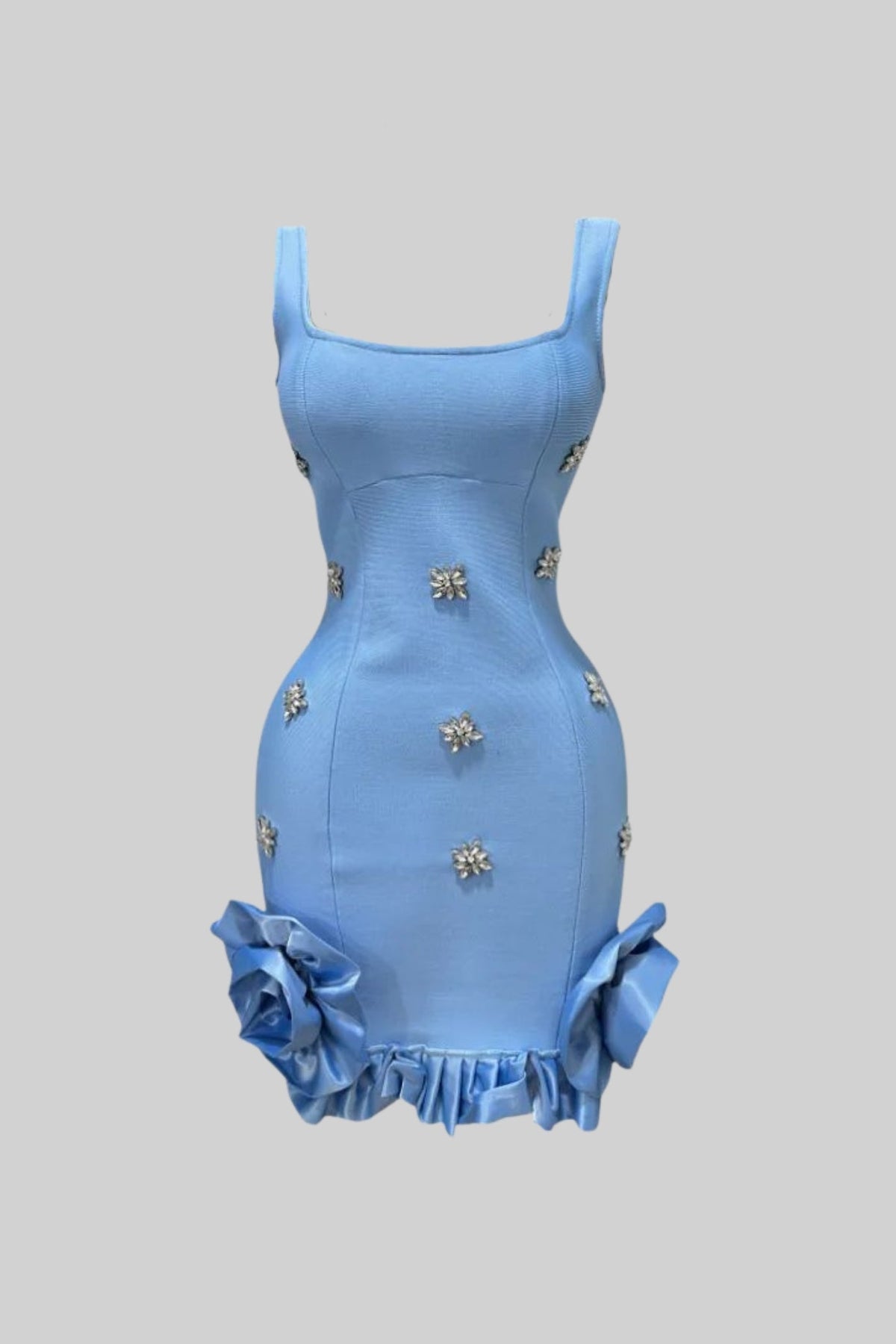 Embellished Bodycon Mini Dress With Crystal Flowers – Baby Blue - View 2