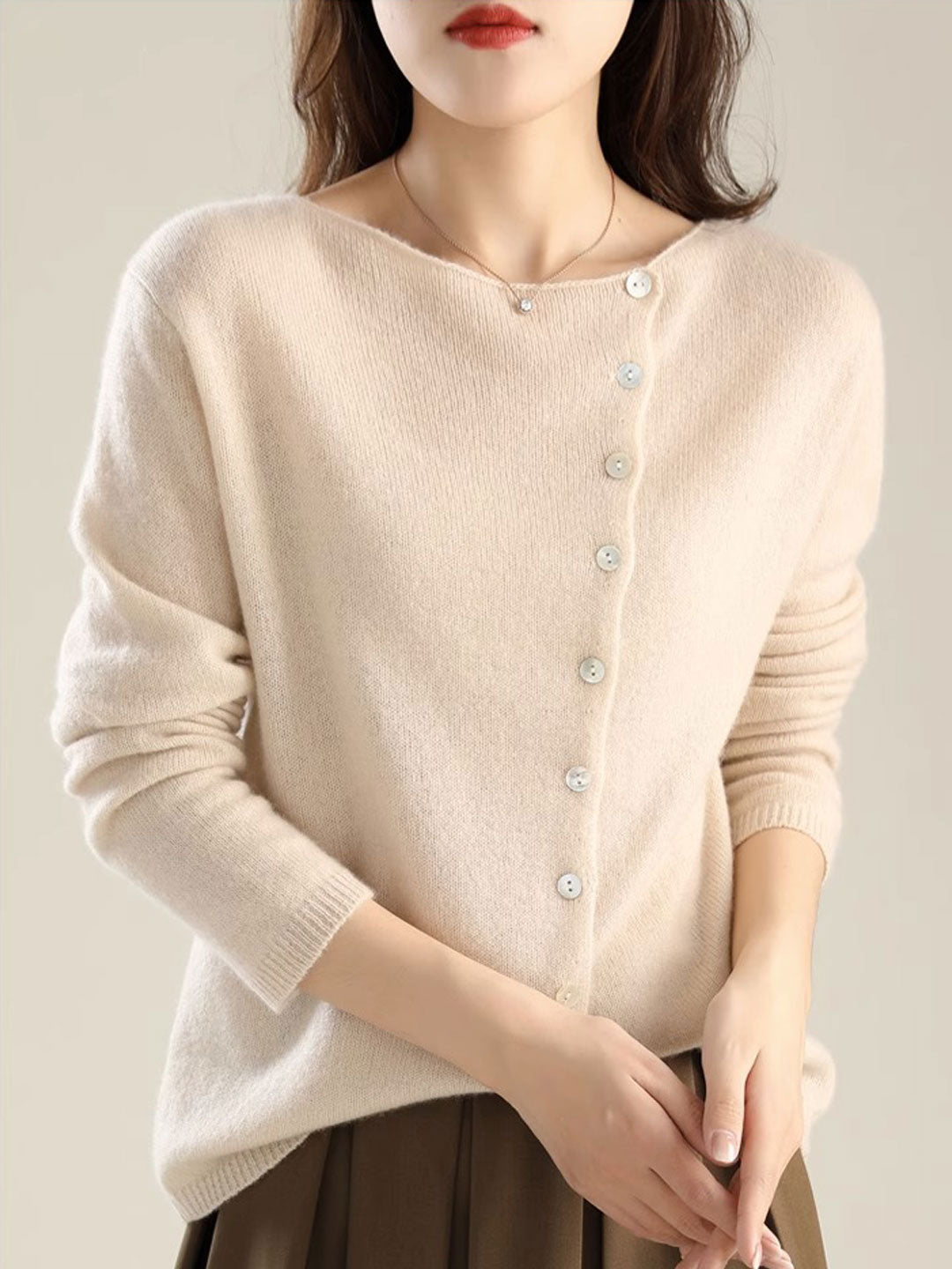 Foldover Collar Button Front Long Sleeve Knit Cardigan 9
