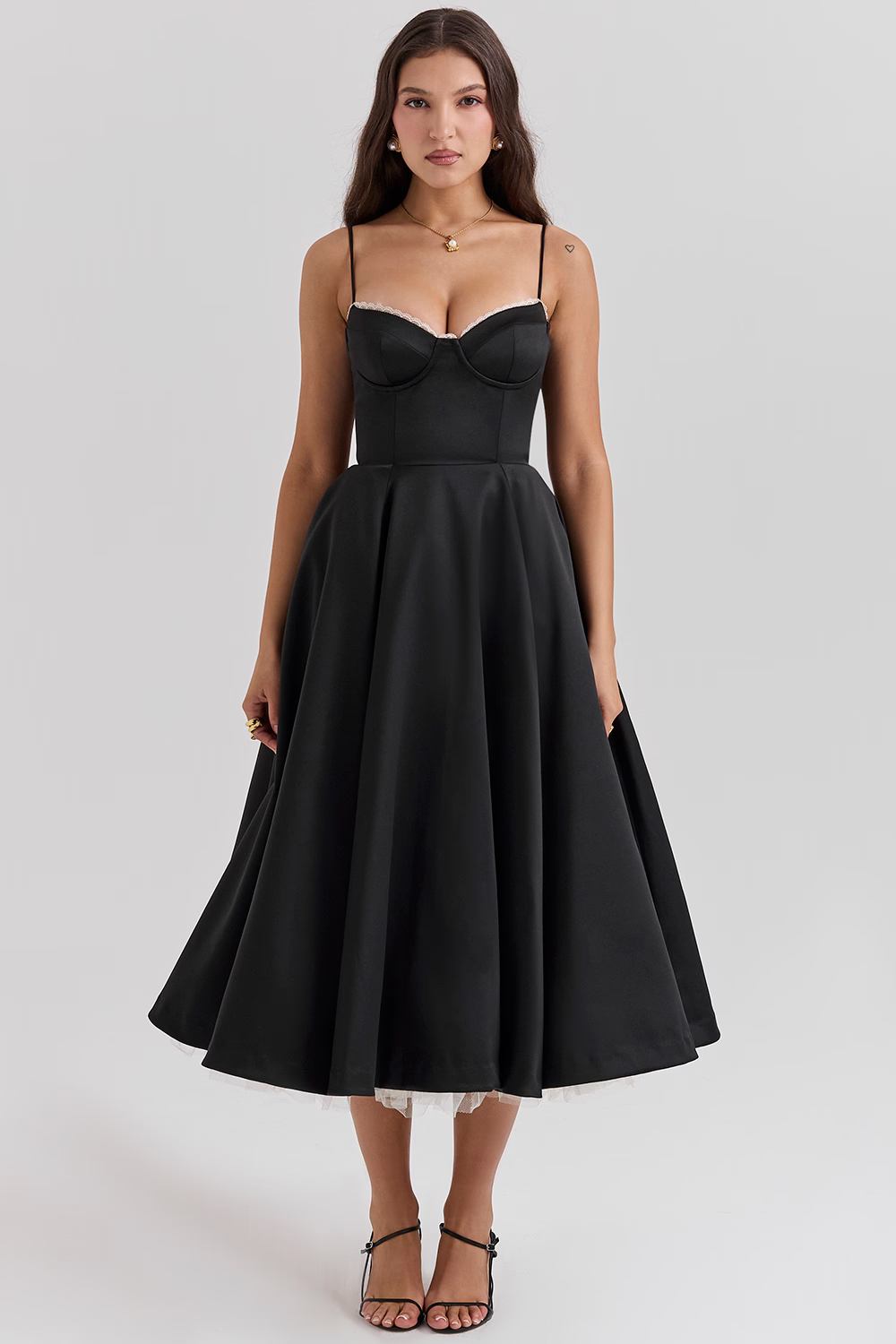 Spaghetti Strap Sweetheart Lace Trim Corset Midi Cocktail Dress - View 10