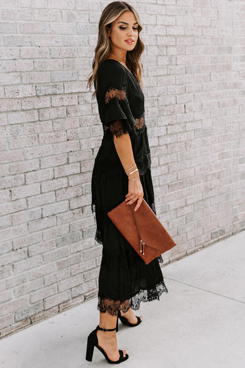 V-Neck Short Sleeve Lace Trim Tiered Boho Maxi Dress 9
