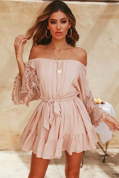 Off Shoulder Bell Sleeve Lace Trim Tie Waist Ruffle Mini Dress 7