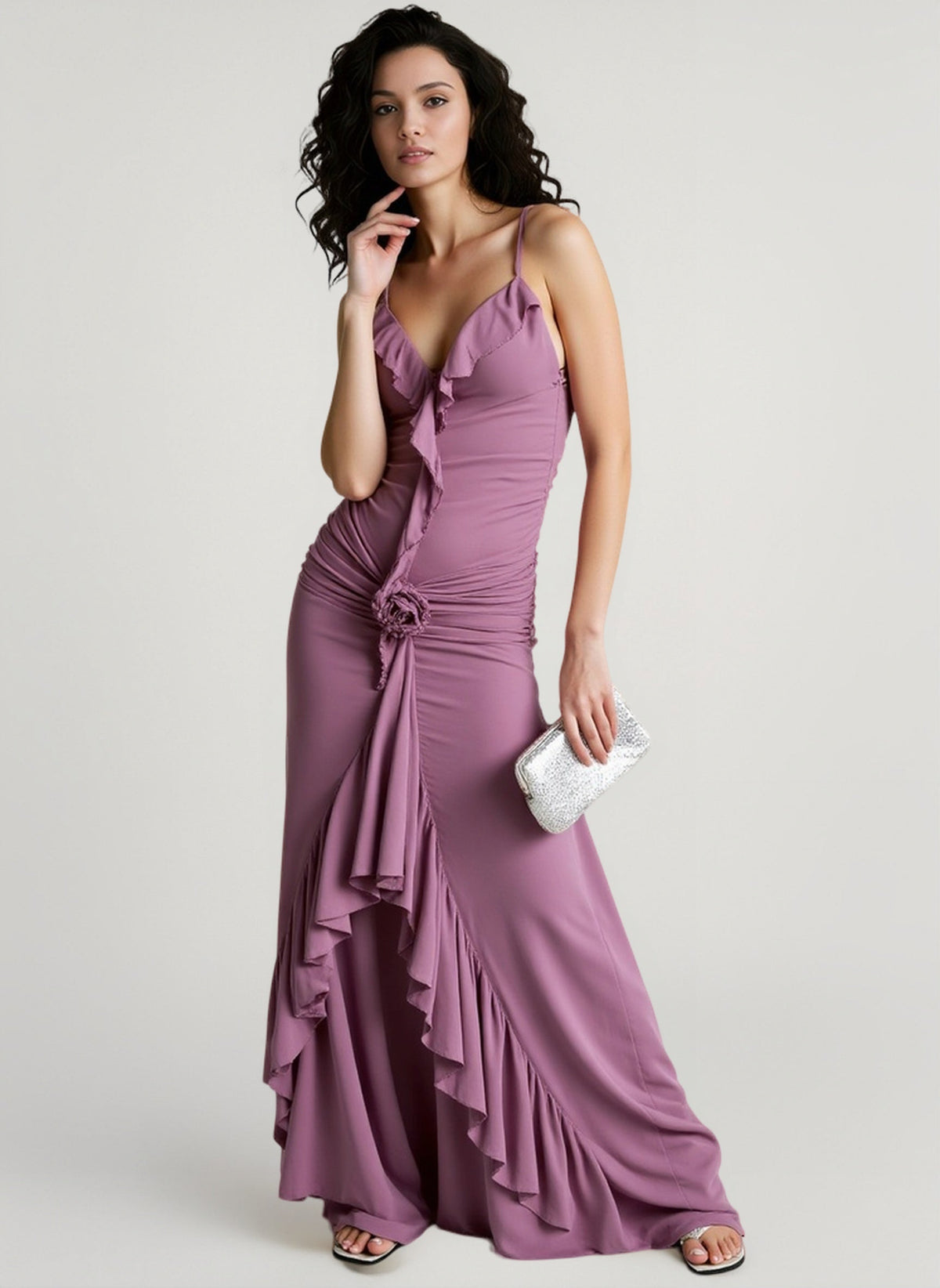 Ruffle Trim Spaghetti Strap Rosette Mermaid Maxi Gown