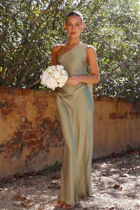 Satin One Shoulder Ruched High Split Slim Maxi Prom Dress - View 10