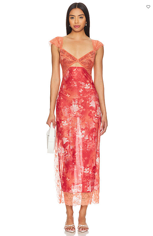 Floral Lace Trim Cut Out Slip Midi Dress 45