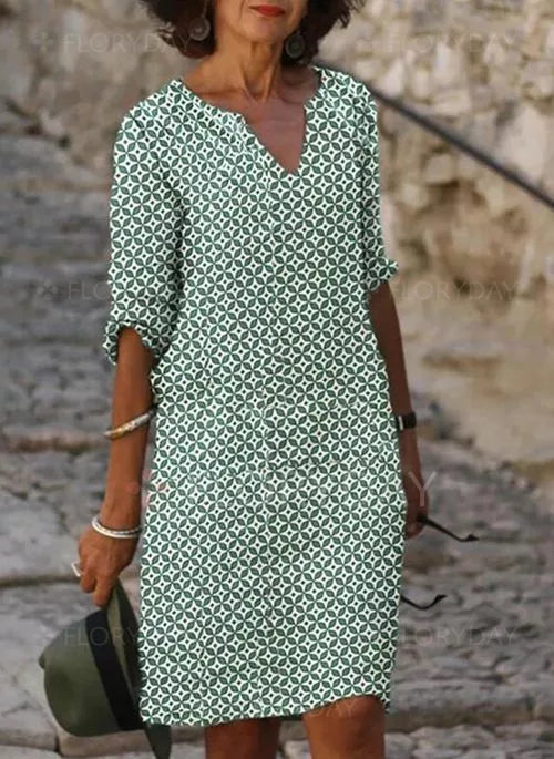 Geometric Print Notched V-Neck Three Quarter Sleeve Shift Knee Dress