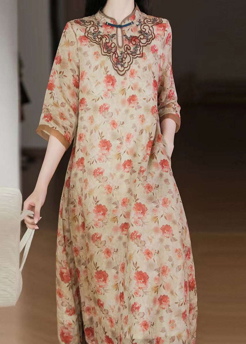 Floral Print Mandarin Collar Frog Button Chest Midi Dress - View 4