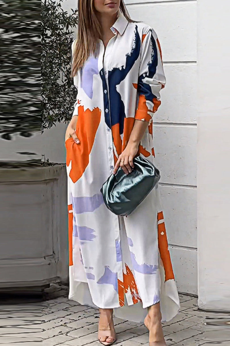 Collared Button Front Long Sleeve Pocket Slit Maxi Shirt Dress - View 7