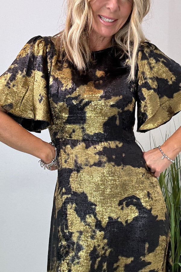 Metallic Marble Print Crew Neck Flutter Sleeve A-Line Maxi Gown - View 2