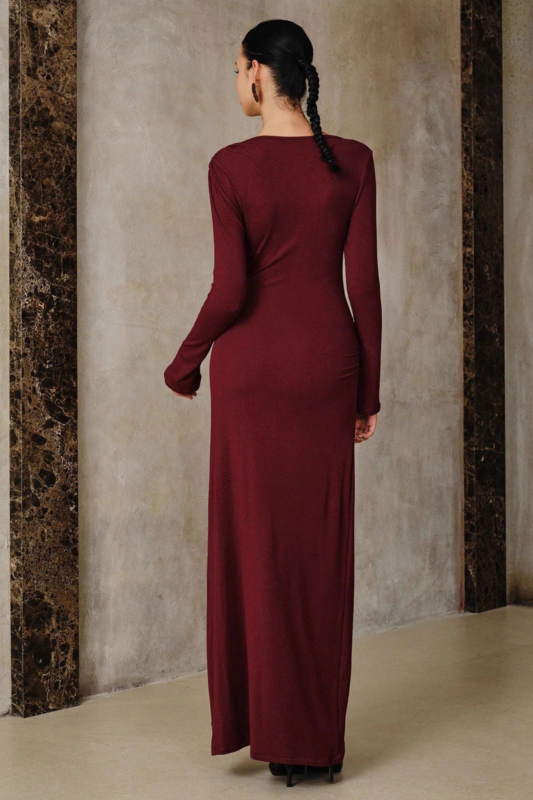 Satin Long Sleeve Metal Trim Bodycon Formal Midi Dress - View 3