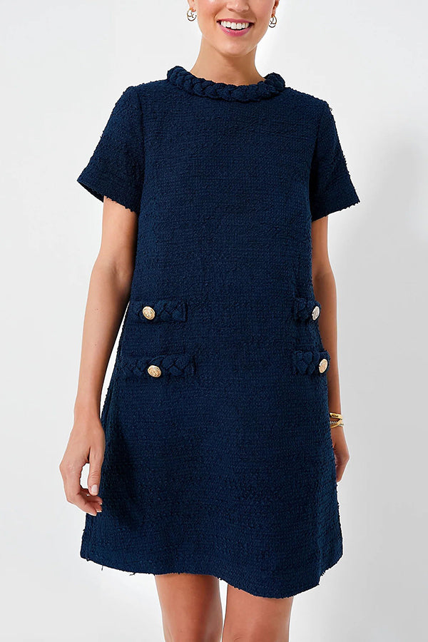 Tweed Braided Trim Faux Pocket Metallic Button Shift Mini Dress - View 4