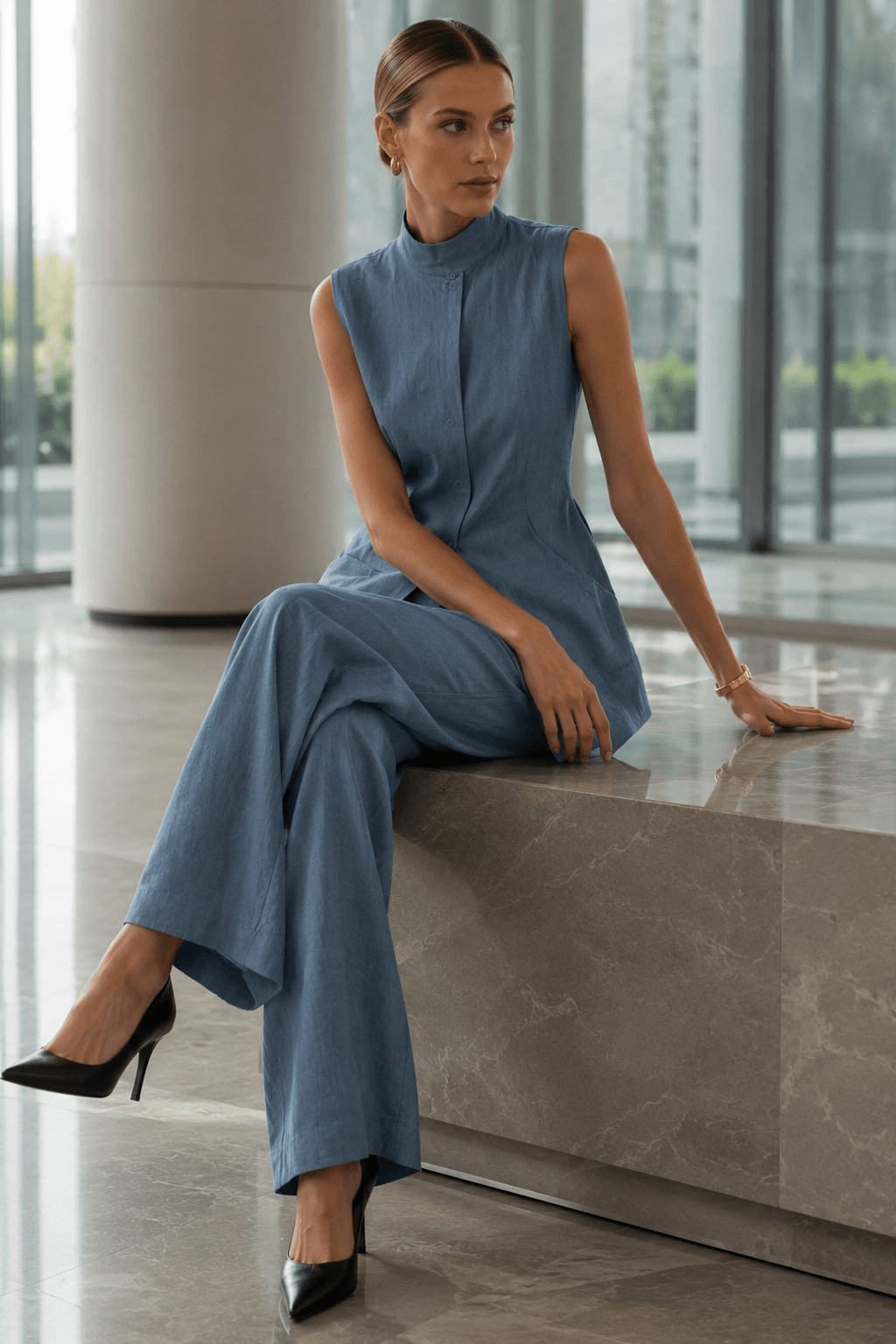 Drape Sleeveless Shirt Two Piece Work Set