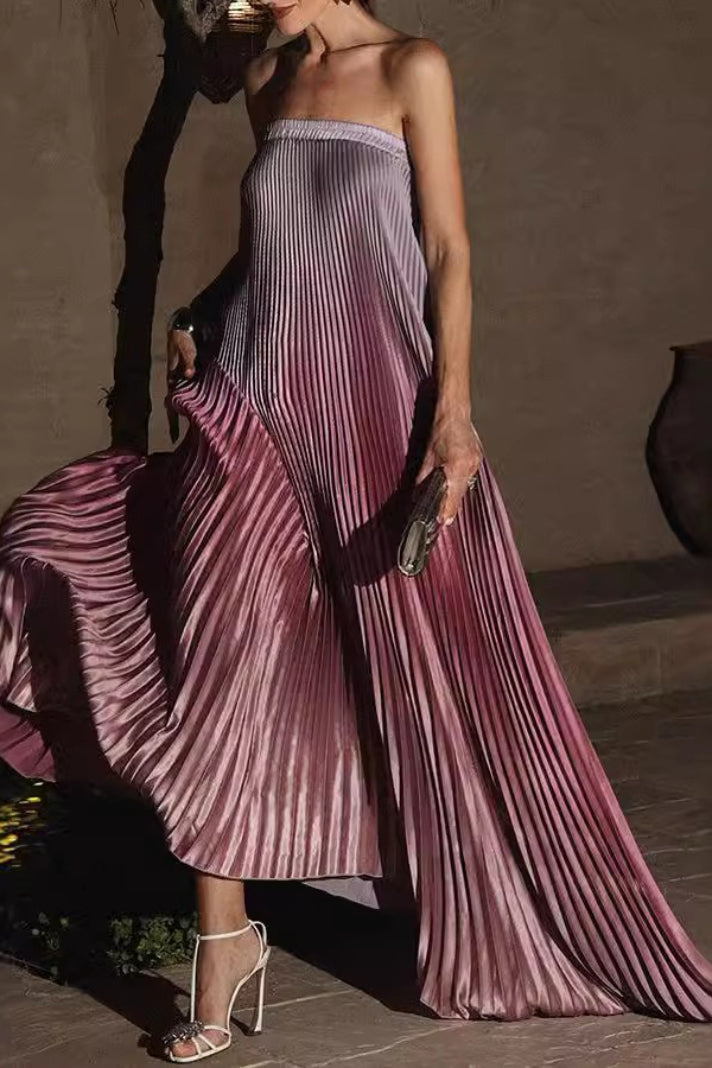Strapless Pleated Satin Maxi Prom Dress - View 2