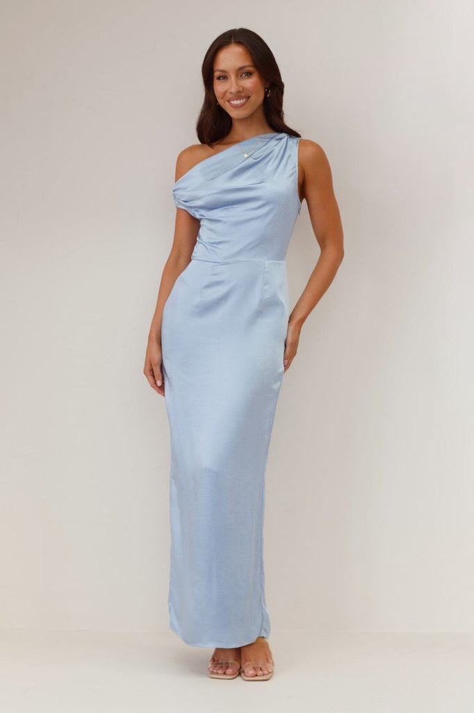 Satin One Shoulder Draped Column Maxi Dress - View 9