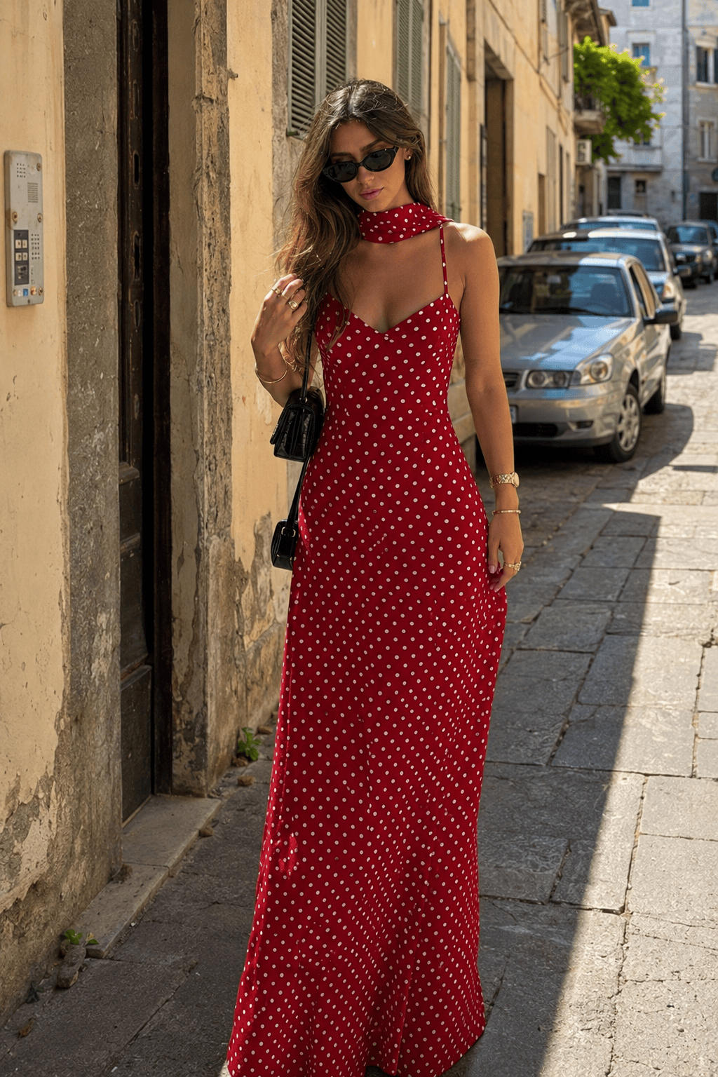 Polka Dot Spaghetti Strap V-Neck Scarf Bias Maxi Dress 4