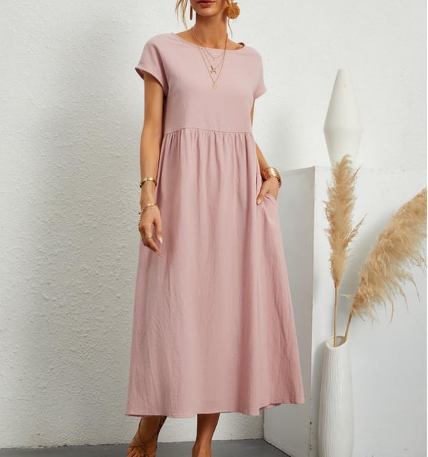 Short Sleeve Empire Waist Gathered Pocket Knee Length Summer Dress - View 7