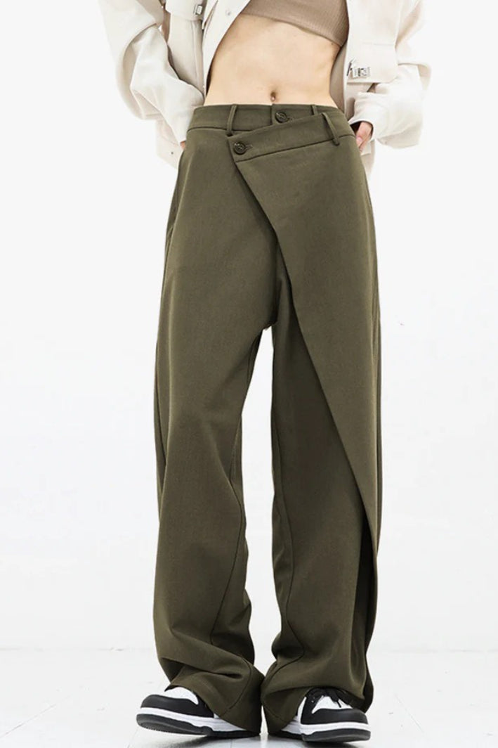 Asymmetric Layered Button Loose Wide Leg Pants-1