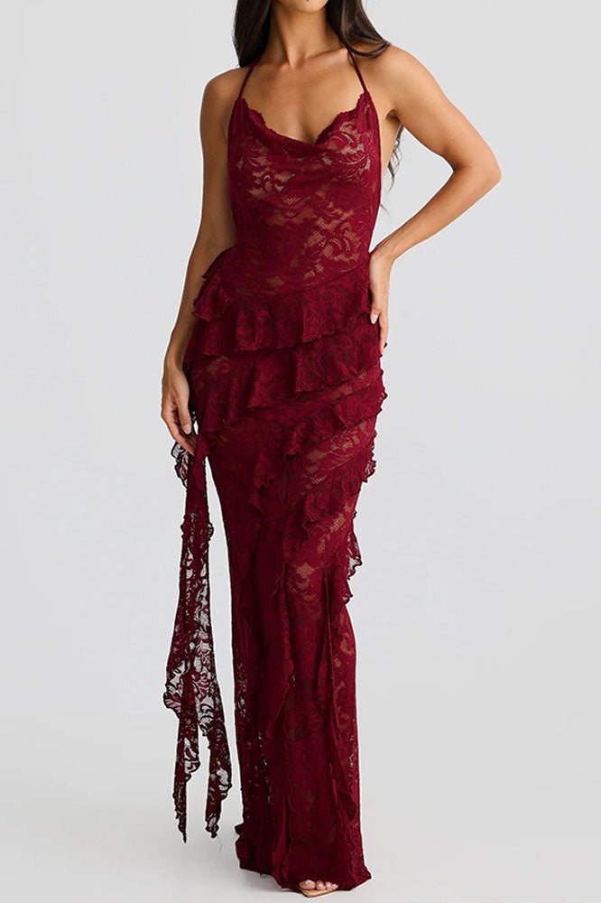 Backless Halter Deep V-Neck Lace Bodycon Maxi Dress