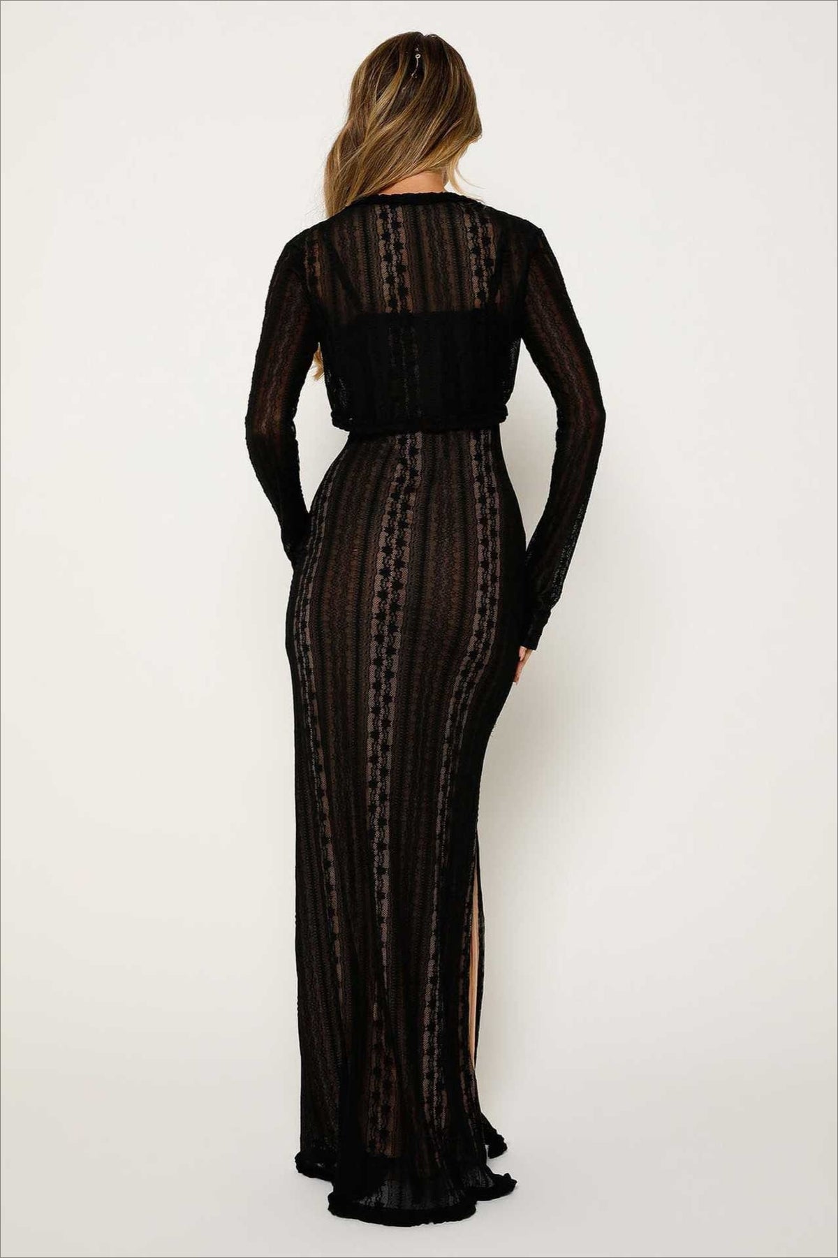 V Neck Long Sleeve Split Lace Dress - View 7