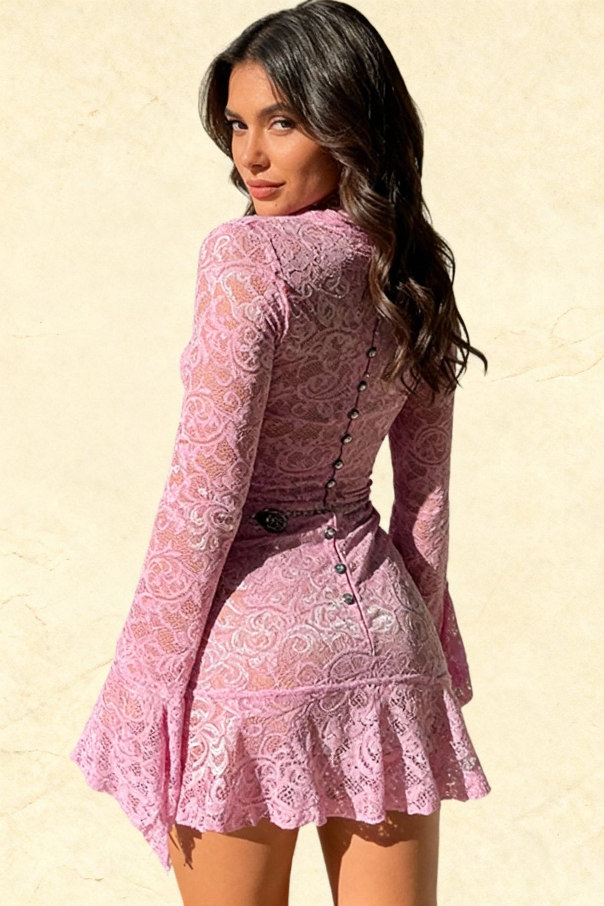Lace Deep V-Neck Bell Sleeve Asymmetric Ruffle Hem Bodycon Mini Dress - View 2