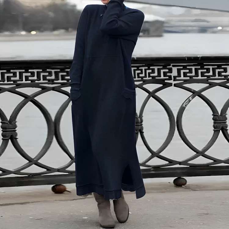 Knit Mock Neck Long Sleeve Scalloped Pocket Distressed Hem Maxi Dress - View 6