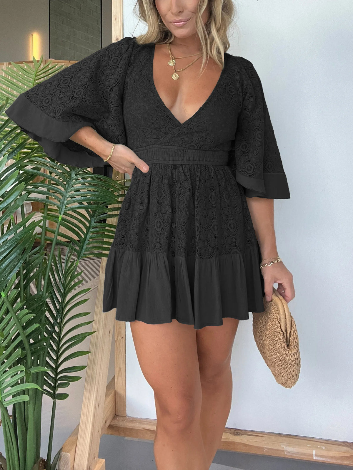 Lace Wrap V-Neck Smocked Waist Button Front Ruffle Mini Dress - View 8