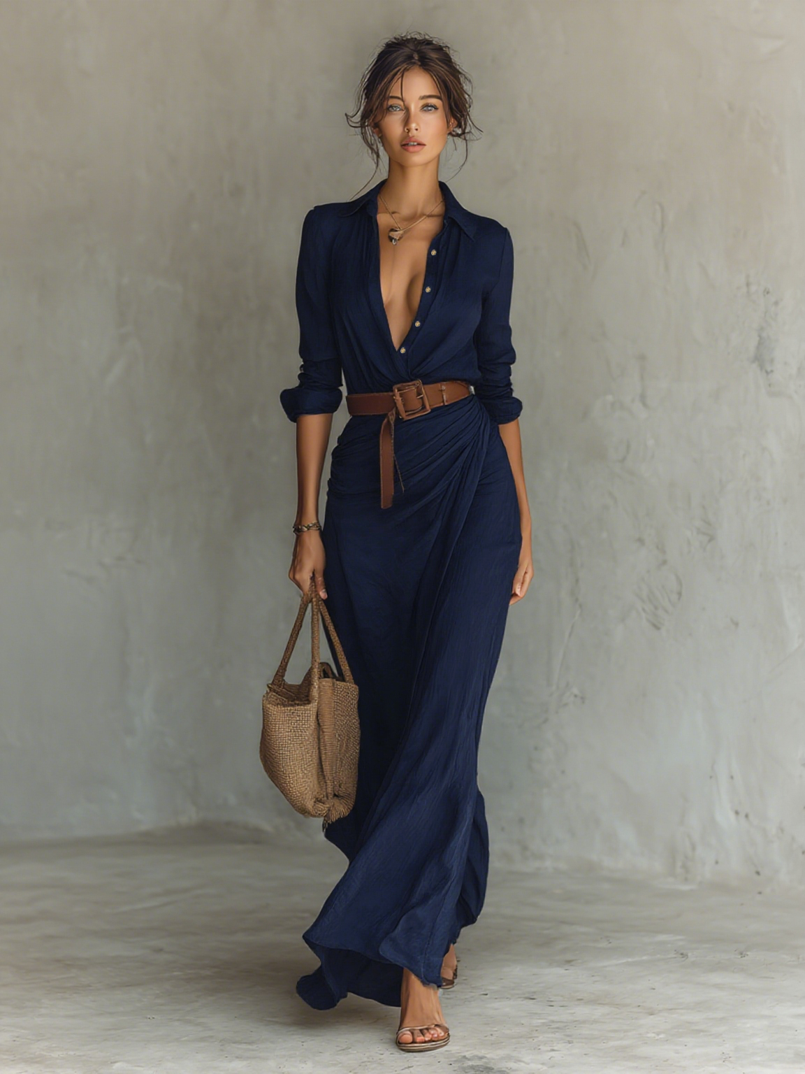 Collared Long Sleeve Ruched Wrap Maxi Shirt Dress 5