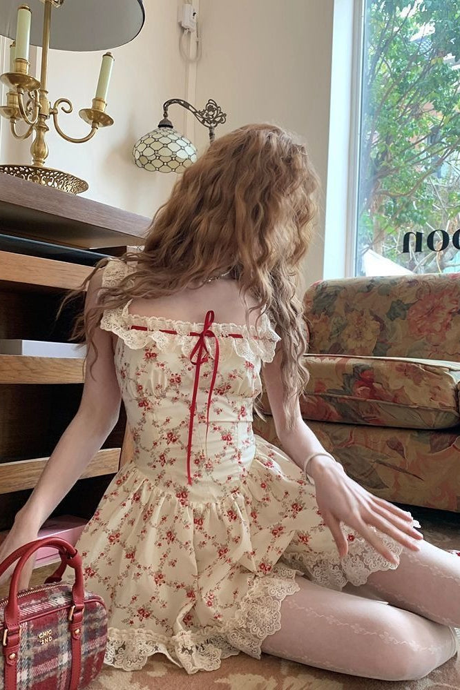 Floral Lace Trim Bow Fit and Flare Mini Dress - View 3
