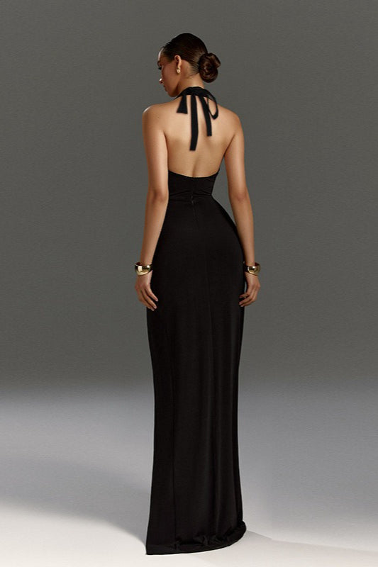 Halter Neck Deep V Ruched High Split Maxi Dress 8