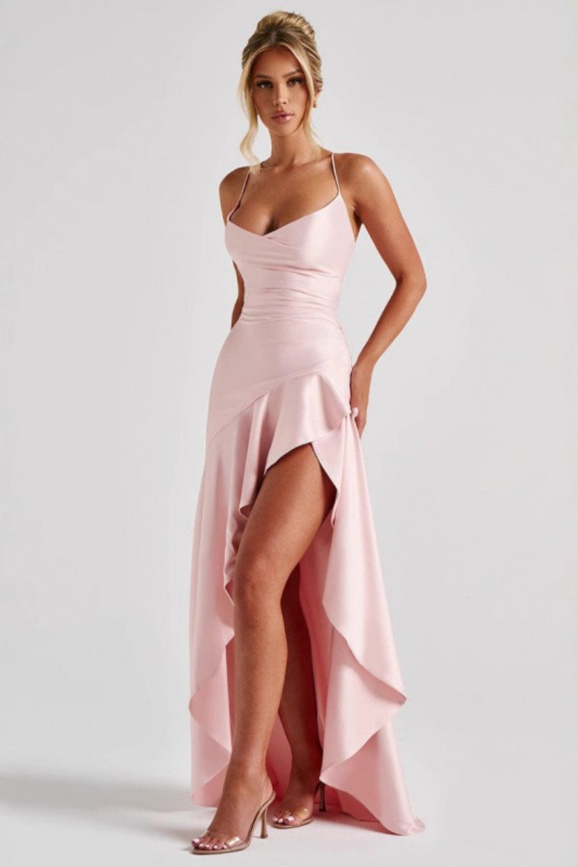Satin Cowl Neck Lace Up Back Ruffle High Low Maxi Dress 3